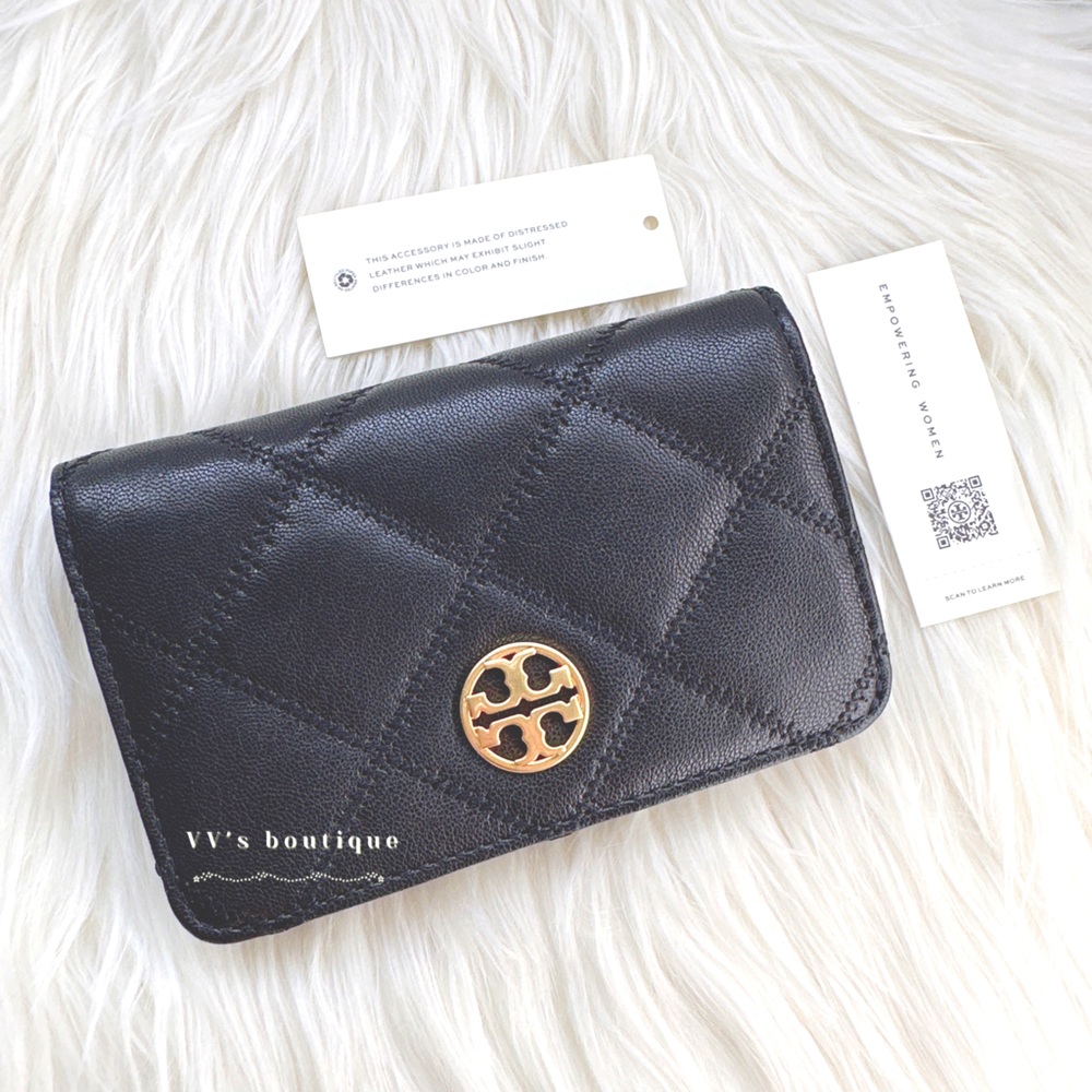 NWT Tory Burch Willa Medium Bifold Leather Wallet Black Gold 87868